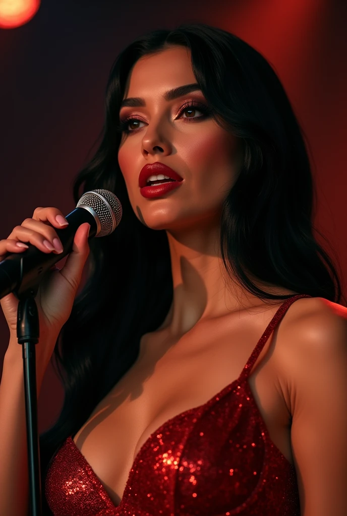 extreme close-up, close-up portrait, ultra realistic, photography, long black straight hair, elegant hair, (30 years old, hazel eyes, hourglass figure, perfect fit body, natural big breasts), femme fatale, wearing a sexy sparkling red dress, holding a microphone, sensual singing, on stage, spotlight, focus on lips