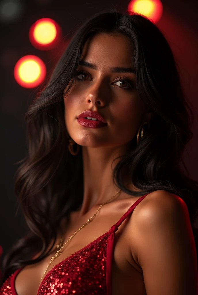 extreme close-up, close-up portrait, ultra realistic, photography, long black straight hair, elegant hair, (30 years old, hazel eyes, hourglass figure, perfect fit body, natural big breasts), femme fatale, wearing a sexy sparkling red dress, holding a microphone, sensual singing, on stage, spotlight, focus on lips