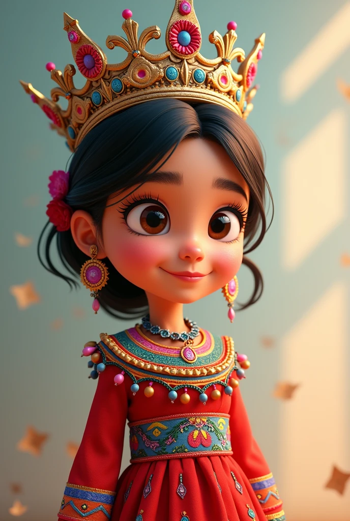 TRADITIONAL GUATEMALAN COSTUME AND METAL CROWN ON ANIMATED FULL BODY GIRL