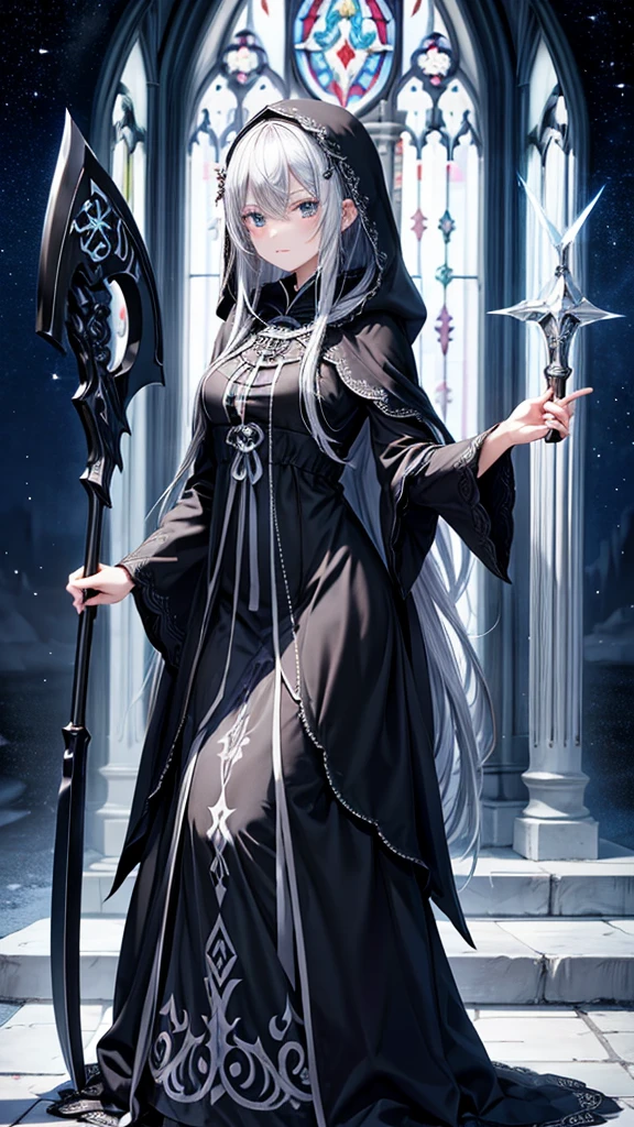 woman、beautiful、Silver Hair、Black embroidered hood、Embroidered and decorated robes、Black Dress、What size is the person standing there holding a scythe in his hand?、Ice Magic、cathedral、night、dark、Elfriede