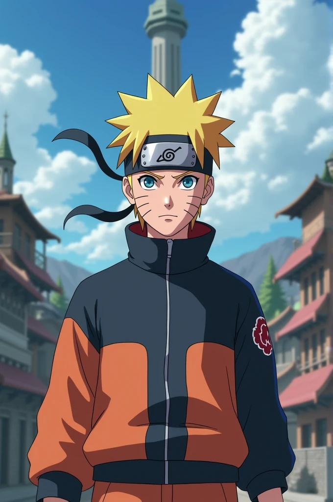 Create an image of Naruto Uzumaki as an adult in his early 20s, wearing a Jonin uniform. Ensure he has no whisker marks on his face and depict him with a mature and confident expression.