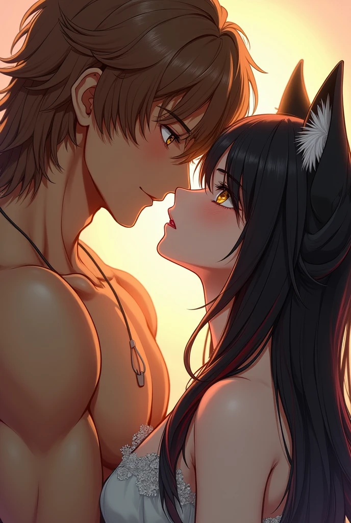 ookami mio, a fair-skinned wolf with black hair with red highlights and pale skin and golden eyes, is surprised to feel the kiss of the brown man who is taller than her, golden eyes and brown hair who closes his eyes to kiss her