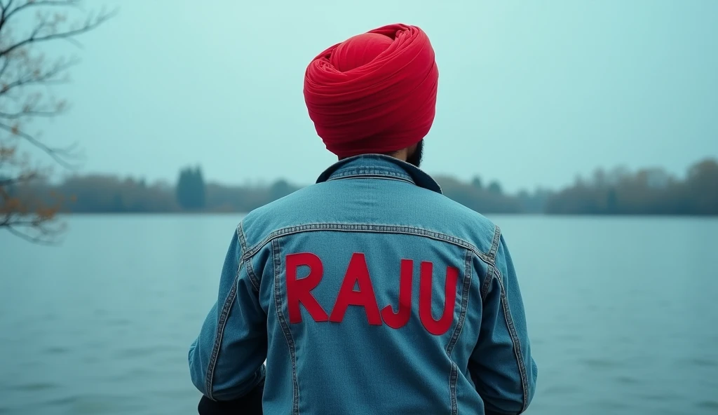 A Punjabi boy , wear a punjabi turban, denim red jacket cargo black pant Realistic, blue sky facing at a sea, sitting alone,trees in the back , ultra realistic face,water see a bold name "RAJU"bold name write on jacket is " RAJU"  Instagram Facebook  cube ballon on Instagram I'd  . Background my Instagram page on my write detail is --- my name is raju, I love sardari, born in 28 february 2006