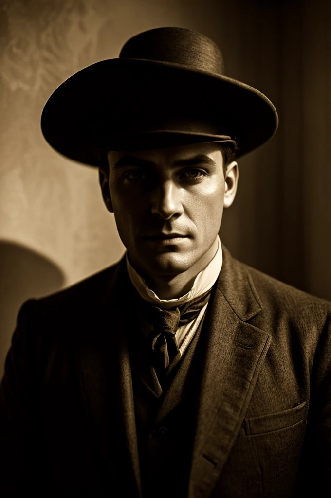 a man wearing edwardian clothes, photorealistic, cinematic lighting, dramatic shadows, high contrast, detailed texture, sharp focus, portrait, professional photography, elegant, sophisticated, atmospheric, moody, chiaroscuro, sepia toned