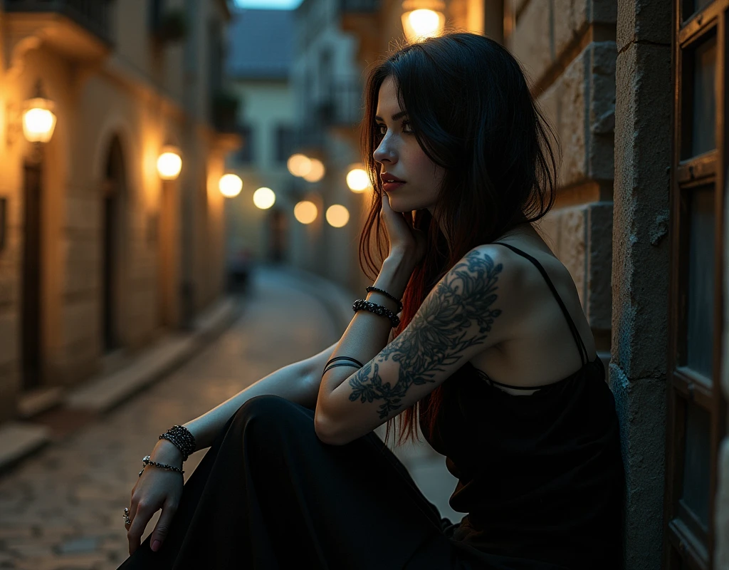 from below, Technician, sullen, Artistically refined, realistic visuals, Stunning beauty, spread, Naturally radiant skin, A girl is sitting and enjoying the view., 2, thin, Medium floating hair, smooth, (Gothic_Punk outfit:1.2), Masterpiece, Highest quality, RAW photos, Straightforward, zwd, (nighttime, soft light, Highest quality, 8ก, Masterpiece, RAW photos: 1.3),undercover, Beautiful Vampireの女性, Fantasy, (( Beautiful Vampire, Sharp fangs, Sharp fangs: 1.2)), red eyes, , thin目, symmetrical eyes, (Hair color highlights, Shortcut, Bob cut hairstyle), earring, 手首にthinブレスレット, Superb details, complicated details, Highly detailed skin tones and faces, ร่างกายมีความเพรียวthin, Full Body Tattoo, Fine grain, realistic, compensate, Intellectual, Fascinating, beautiful standing posture, Slender legs, small breasts, Medieval European Street, nighttimeの街