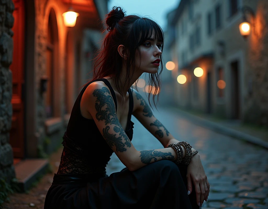 from below, Technician, sullen, Artistically refined, realistic visuals, Stunning beauty, spread, Naturally radiant skin, A girl is sitting and enjoying the view., 2, thin, Medium floating hair, smooth, (Gothic_Punk outfit:1.2), Masterpiece, Highest quality, RAW photos, Straightforward, zwd, (nighttime, soft light, Highest quality, 8ก, Masterpiece, RAW photos: 1.3),undercover, Beautiful Vampireの女性, Fantasy, (( Beautiful Vampire, Sharp fangs, Sharp fangs: 1.2)), red eyes, , thin目, symmetrical eyes, (Hair color highlights, Shortcut, Bob cut hairstyle), earring, 手首にthinブレスレット, Superb details, complicated details, Highly detailed skin tones and faces, ร่างกายมีความเพรียวthin, Full Body Tattoo, Fine grain, realistic, compensate, Intellectual, Fascinating, beautiful standing posture, Slender legs, small breasts, Medieval European Street, nighttimeの街