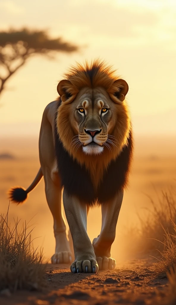 Ultrarealistic 8k Image, "A robust and imposing lion in a natural environment, like the savannah, with a posture of alertness and readiness. The scenery should show a vast and open horizon, symbolizing waiting for the right moment. The lion must have a concentrated look, indicating your strength and ability to act at the appropriate time. Sunlight should illuminate the scene, highlighting the lion."