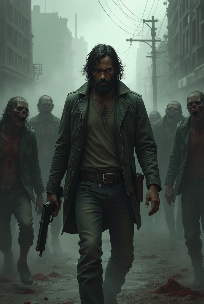 Make a book cover in the style of The Walking Dead with a dark-skinned male protagonist armed with a pistol, zombies around.
book cover "The Mist Walkers"