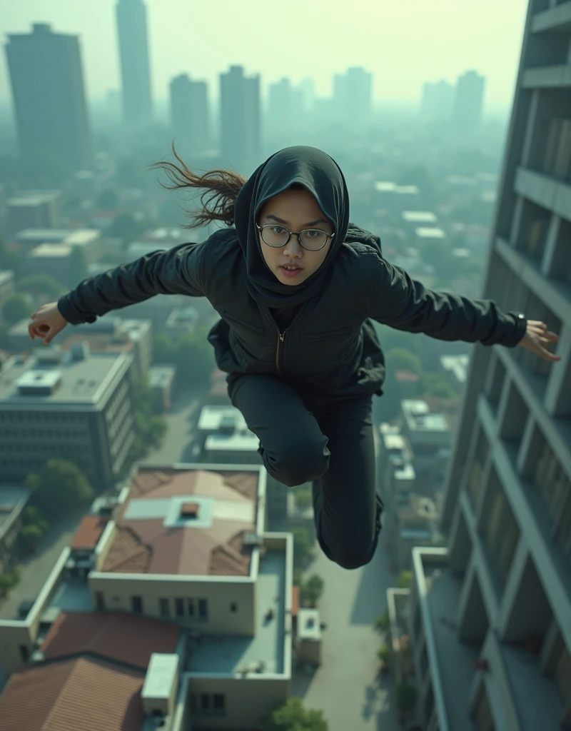 Create a film still with a indonesian girl glasses in hijab leaping across a rooftop in a high-octane action scene, reminiscent of 'Mission: Impossible.' Use a wide-angle lens and intense lighting to capture the tension and excitement, photo taken using Panavision DXL2, 28mm lens, Establishing shot, muted color grading, cinemascope, drama, high quality, ultra detailed, 8k resolution, hyper - realistic photography,