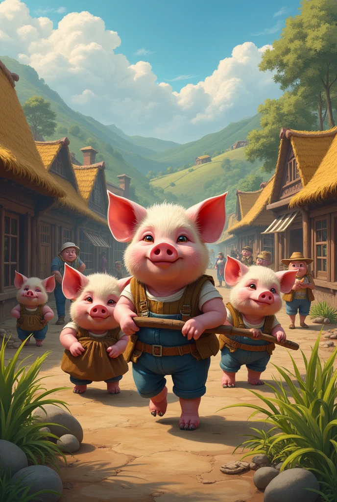 Cool pigs are hardworking and work hard in the village.
