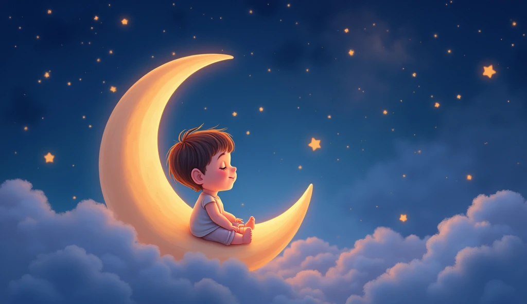 a child listens to a lullaby and sits tenderly on a crescent moon in a fairytale space, and there are many stars around, cartoon child sleeps with eyes closed