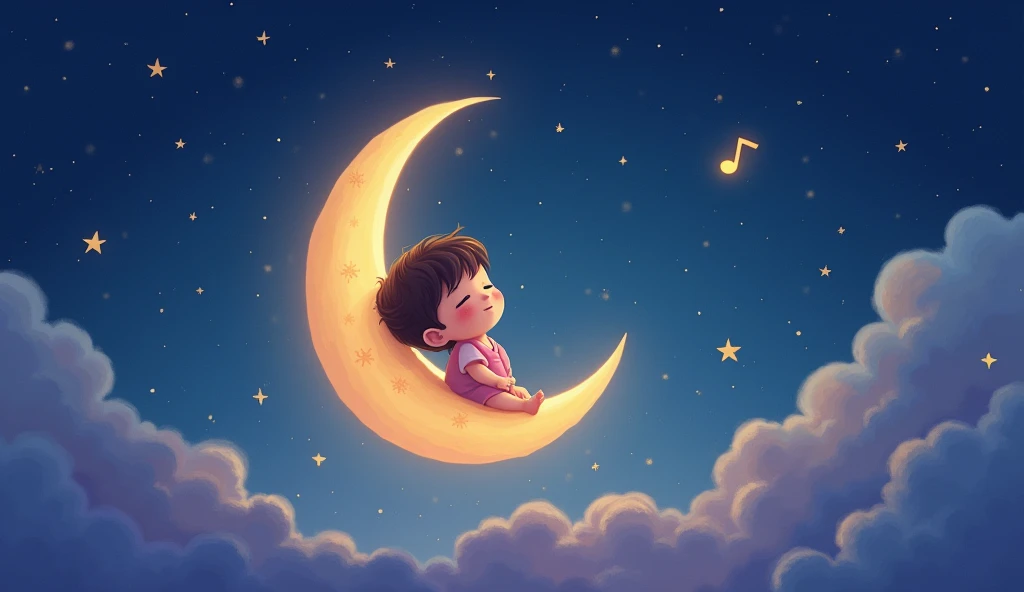 a child listens to a lullaby and sits tenderly on a crescent moon in a fairytale space, and there are many stars around, cartoon child sleeps with eyes closed
