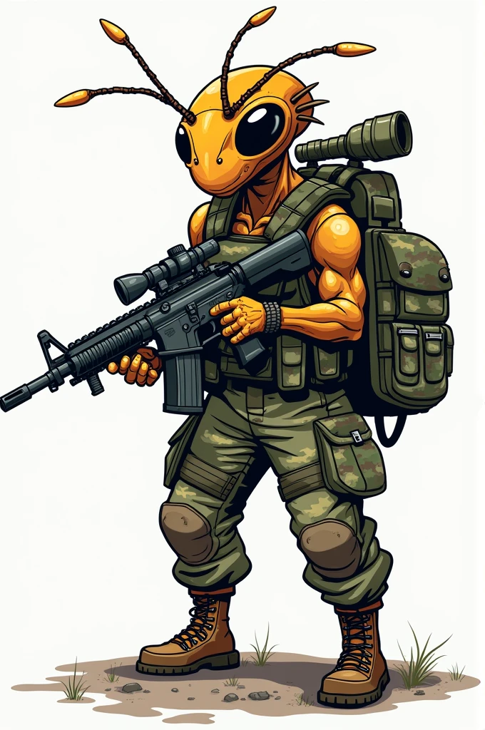 Graphic logo of an insect tick soldier with multicam suit holding an m4 weapon, she wears a grenade belt slung over her shoulder