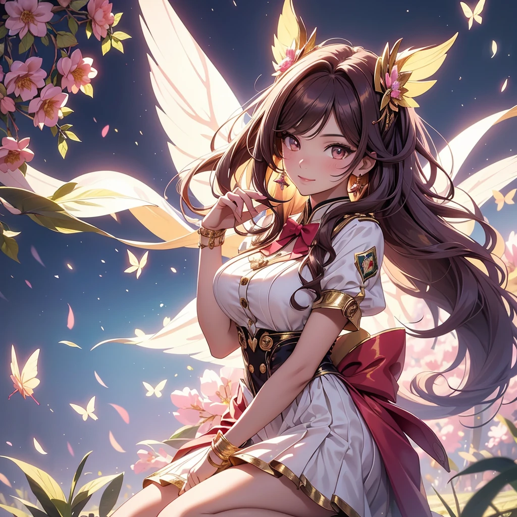 (best quality,4k,8k,highres,masterpiece:1.2),ultra-detailed,(realistic,photorealistic,photo-realistic:1.37),acrylic painting,beautiful Brazilian model in a uniform outfit red and gold with downy hair,beautiful Brazilian model with extremely colorful brown hair and detailed facial features,beautiful Brazilian model standing in a beautiful garden surrounded by a starry sky,pink hair,beautiful Brazilian model wearing a vibrant rose pinkl and gold uniform outfit,beautiful Brazilian model with intricate accessories,cat ears, ,beautiful Brazilian model with long flowing twintails,beautiful Brazilian model with bright brown eyes and rosy lips,beautiful Brazilian model with a joyful expression,beautiful Brazilian model in a dynamic pose with cherry blossoms falling around her,beautiful Brazilian model surrounded by colorful flowers and butterflies,beautiful Brazilian model's school uniform outfit adorned with cute bows and lace details red and gold,beautiful Brazilian model with an enchanting smile,beautiful Brazilian model with soft, pastel-colored shading,beautiful Brazilian model with a magical glow illuminating her,beautiful Brazilian model in a picturesque setting with a winding path leading to a magnificent castle,beautiful Brazilian model with a fairytale-like background,beautiful Brazilian model with a soft, dreamy atmosphere,beautiful Brazilian model with a subtle bokeh effect,beautiful Brazilian model standing under a sunny sky,beautiful Brazilian model with a warm, golden sunset in the background,beautiful Brazilian model surrounded by twinkling stars and colorful nebulae,creating an ethereal and captivating artistic masterpiece, sitting down, facing camera, uniform outfit genshin