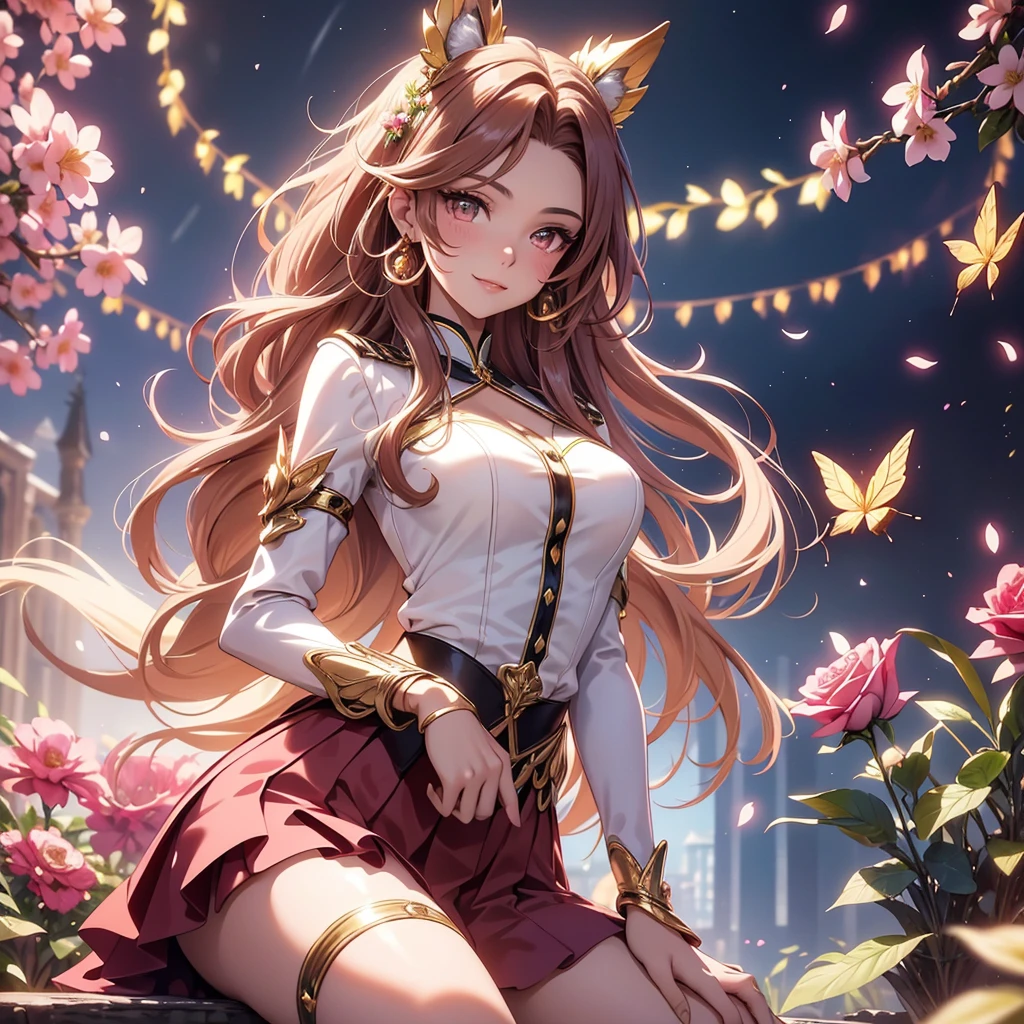 (best quality,4k,8k,highres,masterpiece:1.2),ultra-detailed,(realistic,photorealistic,photo-realistic:1.37),acrylic painting,beautiful Brazilian model in a uniform outfit red and gold with downy hair,beautiful Brazilian model with extremely colorful brown hair and detailed facial features,beautiful Brazilian model standing in a beautiful garden surrounded by a starry sky,pink hair,beautiful Brazilian model wearing a vibrant rose pinkl and gold uniform outfit,beautiful Brazilian model with intricate accessories,cat ears, ,beautiful Brazilian model with long flowing twintails,beautiful Brazilian model with bright brown eyes and rosy lips,beautiful Brazilian model with a joyful expression,beautiful Brazilian model in a dynamic pose with cherry blossoms falling around her,beautiful Brazilian model surrounded by colorful flowers and butterflies,beautiful Brazilian model's school uniform outfit adorned with cute bows and lace details red and gold,beautiful Brazilian model with an enchanting smile,beautiful Brazilian model with soft, pastel-colored shading,beautiful Brazilian model with a magical glow illuminating her,beautiful Brazilian model in a picturesque setting with a winding path leading to a magnificent castle,beautiful Brazilian model with a fairytale-like background,beautiful Brazilian model with a soft, dreamy atmosphere,beautiful Brazilian model with a subtle bokeh effect,beautiful Brazilian model standing under a sunny sky,beautiful Brazilian model with a warm, golden sunset in the background,beautiful Brazilian model surrounded by twinkling stars and colorful nebulae,creating an ethereal and captivating artistic masterpiece, sitting down, facing camera, uniform outfit genshin