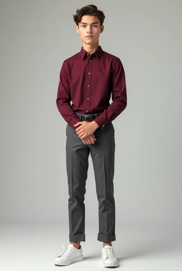 a teenage boy in formal style maroon shirt and he fold the hand Selvs and grey formal pant and white sneakers