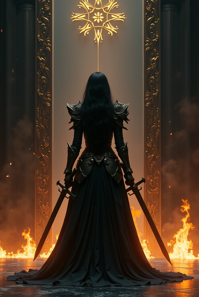 

Black marble background with small details of gold engravings. Details of small sparks of fire that melt from orange to gold. In the center a subtle silhouette of a woman in armor thrusting a sword.