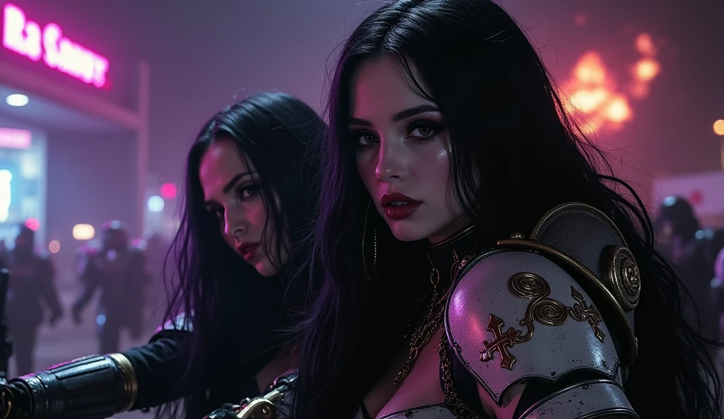 Masterpiece, Best Quality, Official Art, (Highly Detailed CG Unity 8k wallpaper), Detailed background, (Hands by Guido Daniele: 1.1). Full body pose sexy sisters of battle from the warhammer 40k, shooting at the enemy, white armor with intricate details, red armor with intricate details, religous symbols on the armor, sisters of battle, warhammer 40k, Massive silicone breast, pale skin, seductive, temptation, eat your soul, clevage, long flowing black hair with purple highlights, heavy gothic makeup, at night, neon, beautiful detailed eyes, beautiful detailed lips, extremely detailed eyes and face, long eyelashes, highly detailed armor, intricate futuristic weaponry, dramatic lighting, cinematic composition, muted color palette, gritty and realistic, mecha, science fiction, hyper-detailed, photorealistic, award winning digital art, 8k, HDR, masters work, in the middle of a battle field, full body combat action pose, explosions and fire around, full war, stunning, Stilleto heels, high heels, full body pose, cinematic, movie trailer, final stand!, nemesis, ready to strike, dust and debree, combat screams, attacking, shooting at the enemy, running forward, last line of defense, charging, fanatic, religious, templar knights, sisters of battle, warhammer 40k