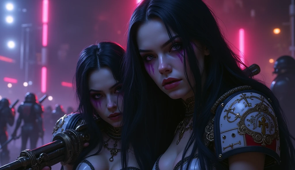 Masterpiece, Best Quality, Official Art, (Highly Detailed CG Unity 8k wallpaper), Detailed background, (Hands by Guido Daniele: 1.1). Full body pose sexy sisters of battle from the warhammer 40k, shooting at the enemy, white armor with intricate details, red armor with intricate details, religous symbols on the armor, sisters of battle, warhammer 40k, Massive silicone breast, pale skin, seductive, temptation, eat your soul, clevage, long flowing black hair with purple highlights, heavy gothic makeup, at night, neon, beautiful detailed eyes, beautiful detailed lips, extremely detailed eyes and face, long eyelashes, highly detailed armor, intricate futuristic weaponry, dramatic lighting, cinematic composition, muted color palette, gritty and realistic, mecha, science fiction, hyper-detailed, photorealistic, award winning digital art, 8k, HDR, masters work, in the middle of a battle field, full body combat action pose, explosions and fire around, full war, stunning, Stilleto heels, high heels, full body pose, cinematic, movie trailer, final stand!, nemesis, ready to strike, dust and debree, combat screams, attacking, shooting at the enemy, running forward, last line of defense, charging, fanatic, religious, templar knights, sisters of battle, warhammer 40k