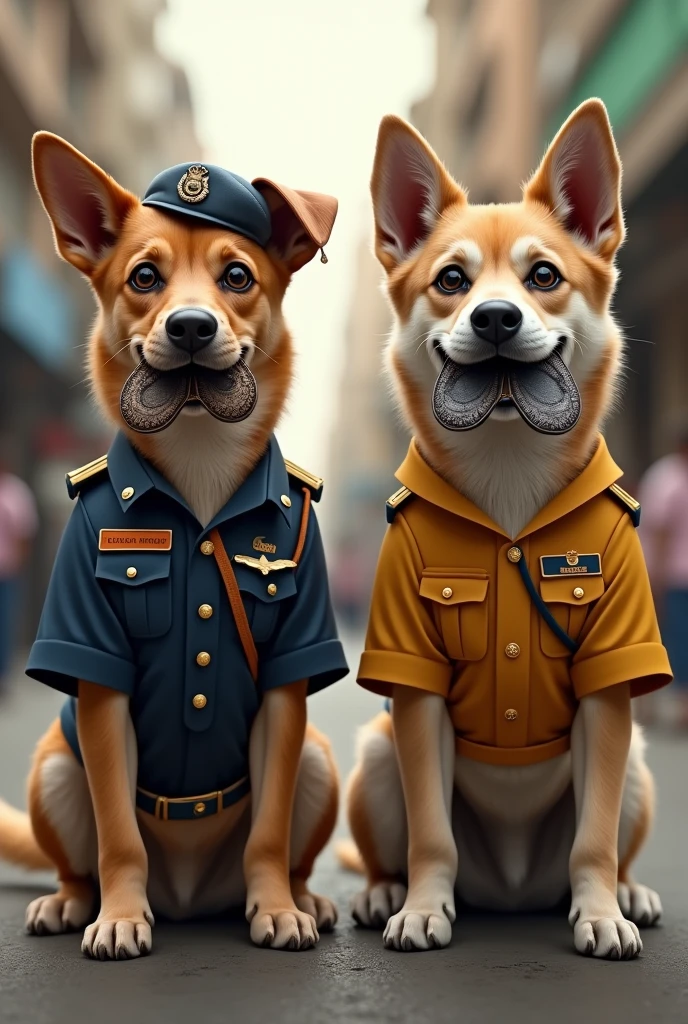 Two dogs standing,one of  tham wearing Kolkata police uniform and other one is wearing West Bengal police uniform and they keep sandels in their mouth 