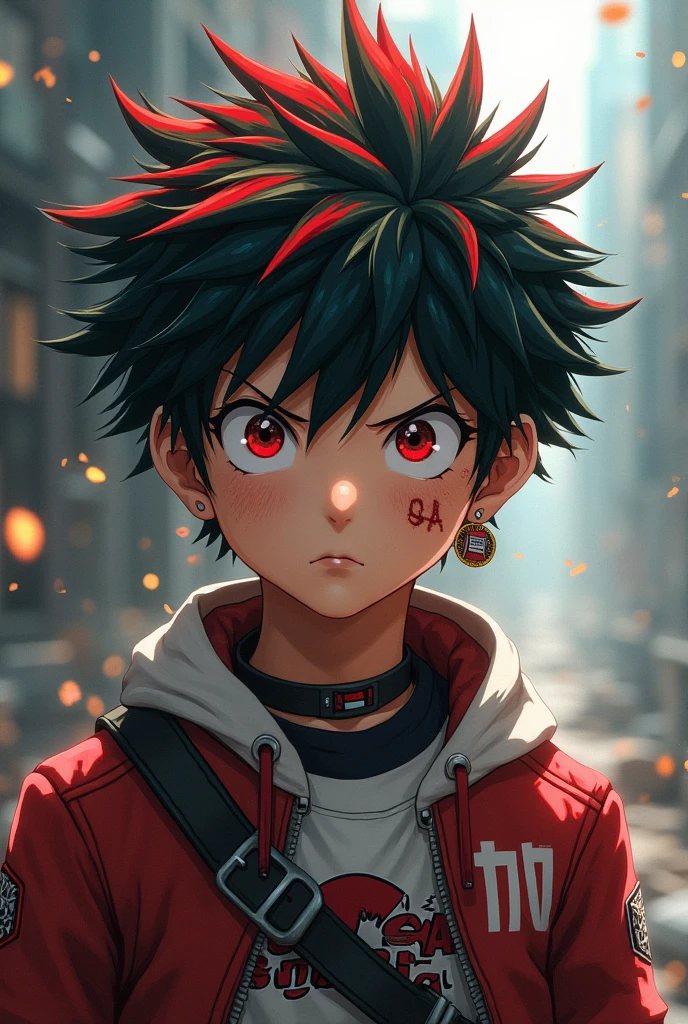 ((Boy)) .short hair with a red streak
. full of scars
. usa piercing
. personagem de my hero academy