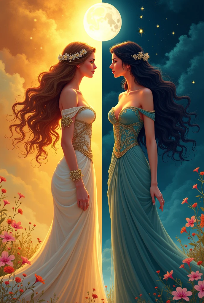 Flat vector of 2 sexy busty godsesses. They are looking at each other with yearning desire. One is goddess of the day and is on the left side of the image. The other is goddess of the night and is on the right side of the image. They are both wearing elegant dress that represent their domains. the image is split in the middle. highly detailed