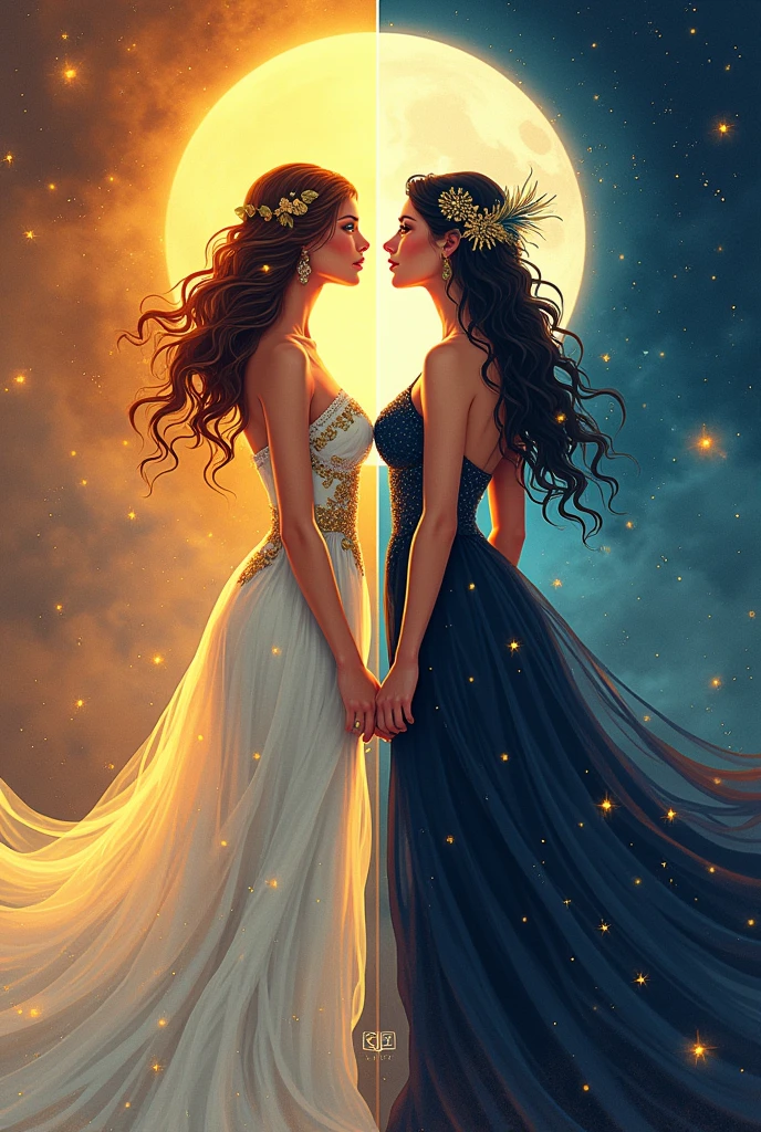 Flat vector of 2 sexy busty godsesses. They are looking at each other with yearning desire. One is goddess of the day and is on the left side of the image. The other is goddess of the night and is on the right side of the image. They are both wearing elegant dress that represent their domains. the image is split in the middle. highly detailed