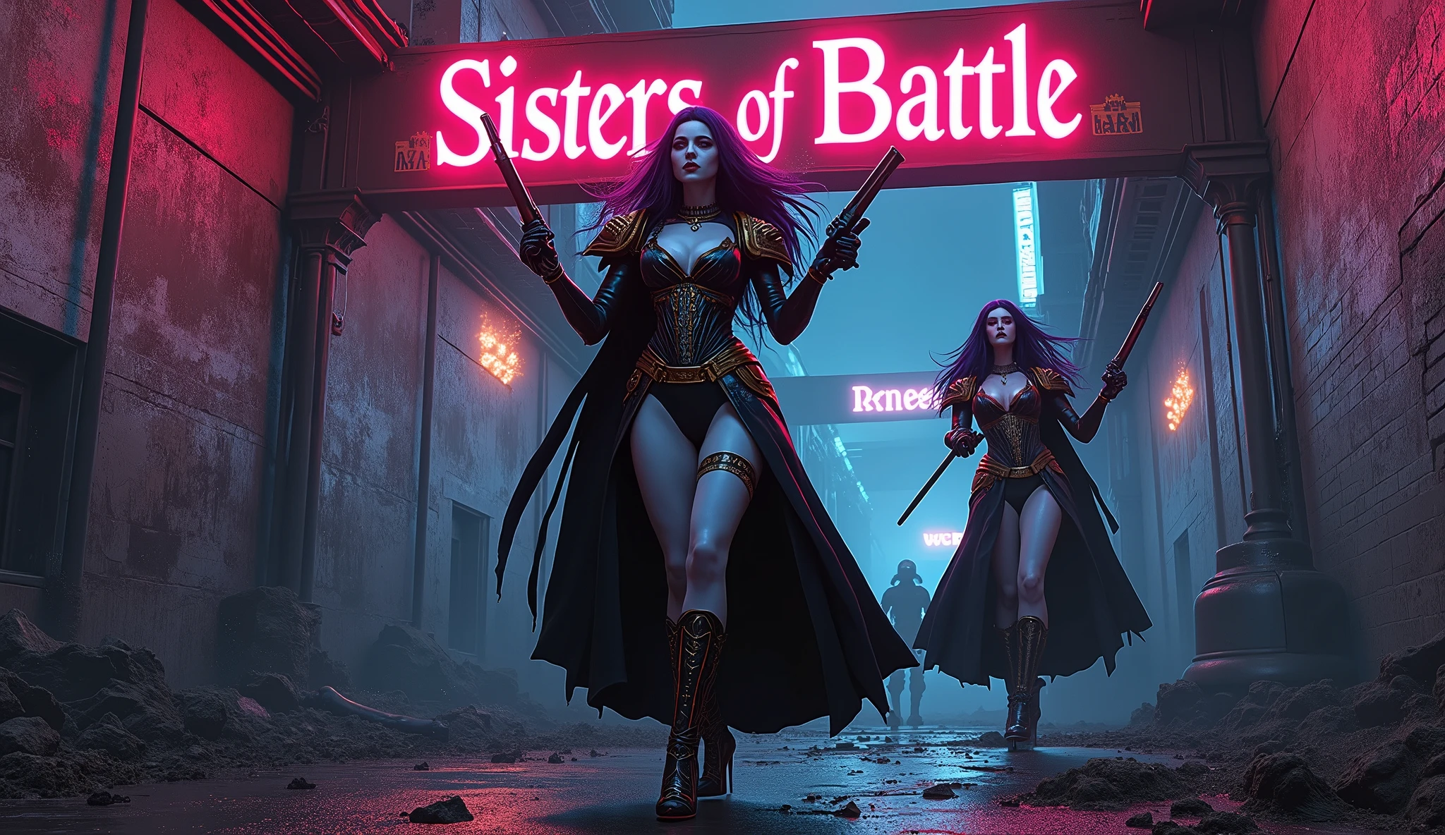 Masterpiece, Best Quality, Official Art, (Highly Detailed CG Unity 8k wallpaper), Detailed background, (Hands by Guido Daniele: 1.1). Full body pose sexy sisters of battle from the warhammer 40k, shooting at the enemy, white armor with intricate details, red armor with intricate details, religous symbols on the armor, sisters of battle, warhammer 40k, Massive silicone breast, pale skin, seductive, temptation, eat your soul, clevage, long flowing black hair with purple highlights, heavy gothic makeup, at night, neon, beautiful detailed eyes, beautiful detailed lips, extremely detailed eyes and face, long eyelashes, highly detailed armor, intricate futuristic weaponry, dramatic lighting, cinematic composition, muted color palette, gritty and realistic, mecha, science fiction, hyper-detailed, photorealistic, award winning digital art, 8k, HDR, masters work, in the middle of a battle field, full body combat action pose, explosions and fire around, full war, stunning, Stilleto heels, high heels, full body pose, cinematic, movie trailer, final stand!, nemesis, ready to strike, dust and debree, combat screams, attacking, shooting at the enemy, running forward, last line of defense, charging, fanatic, religious, templar knights, sisters of battle, warhammer 40k