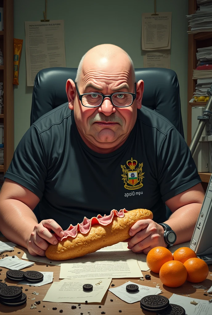 white male, 40 year old, baldie, completely smooth face with crazy look, no fur, bochechas grandes, Scrawny, but very pot-bellied, wearing light glasses and eating baguette with lots of ham. Sitting behind an extremely cluttered desk with a computer, many stacks of loose papers, crumbs and lots of Oreo cookies. Wearing a black shirt with the following phrase: APOI0 MPU, coat of arms of the federative republic of brazil on the shirt, besides a bag of tangerines on the table.