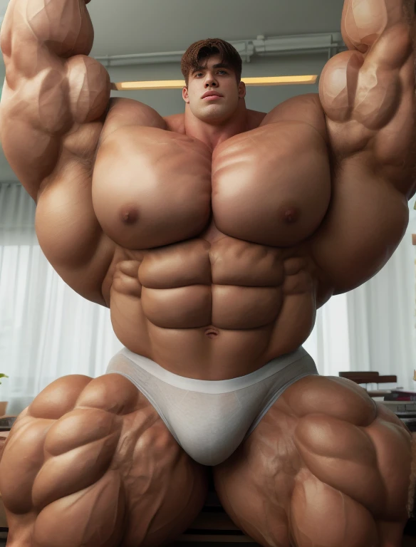 1boy, giant, giant bodybuilder, stand, illuminating light, strong body, bulk, large size, staring, armpit, in the white photo studio room, nude, jute triangular underwear, prominent bulge, extraordinary big, brutalmass, giant, muscular body, bulk, buff, massive body, large meaty body size, extremely wide body, tallest body