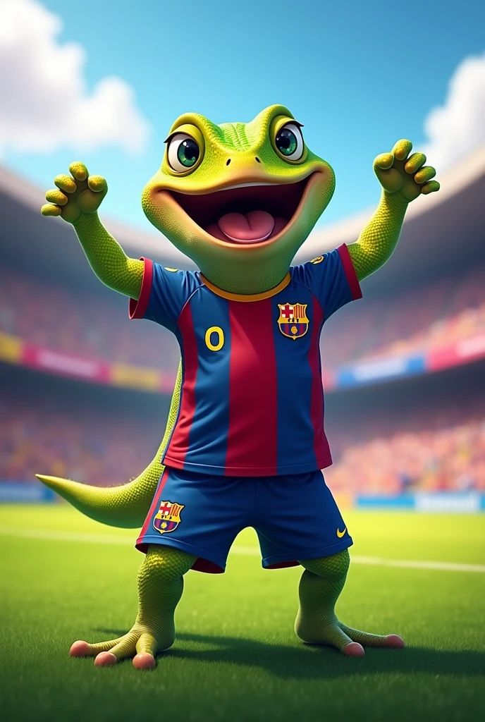 lizard celebrating a goal in the last minutes with the Barcelona shirt and shorts