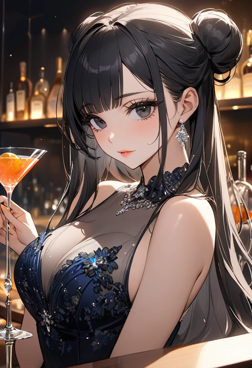 ((best quality)), ((Masterpiece)), (details), 1 woman, Medium bust, black hair, black eyes, ((long hair, buns)), Bangs , curve, beautiful face, Beautiful skin , Long eyelashes, Thick eyelashes, modern, Cocktail Glass, Calm atmosphere, Drink a martini, luxurious ball gown, ((Cocktail Glass 1 ใบ)), At the bar counter,
