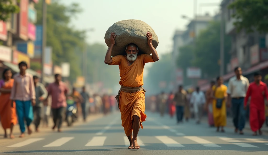 इंडियन आदमी पत्थर को बीच रोड पार रखता है