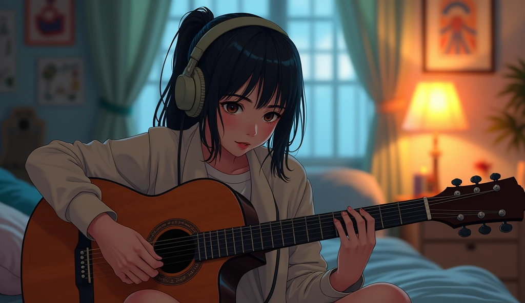 Perfect image, 8k, night、Private room、Female college student, Using headphones、Practicing guitar、 2D-style animation, Lo-Fi, Emotional、Retro、Anime style illustrations、Anime Style