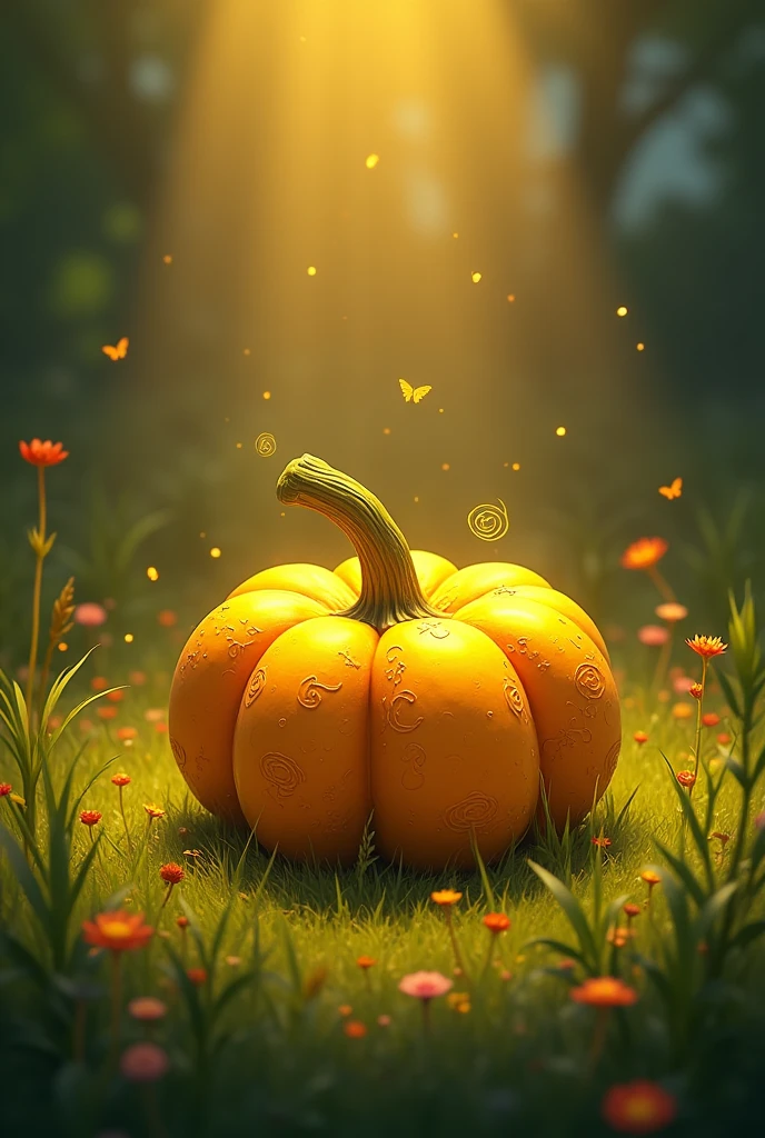 A small artistic yellow pumpkin, Spotlight, on the ground of a meadow.