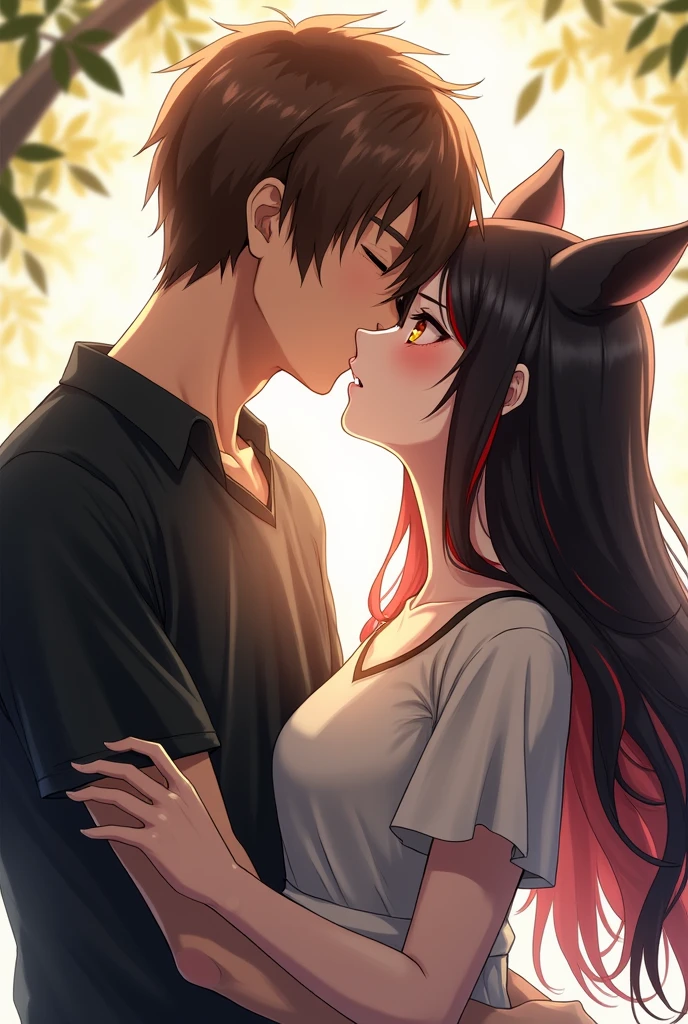 ookami mio, a fair-skinned wolf with black hair with red highlights and pale skin and golden eyes, is surprised to feel the kiss of the brown man who is taller than her, golden eyes and short brown hair who closes his eyes to kiss her