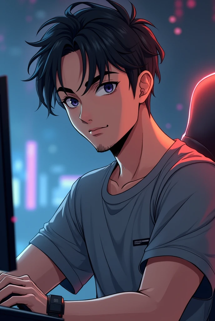 Anime cool gamer guy with stubble, dark hair wearing a grey shirt