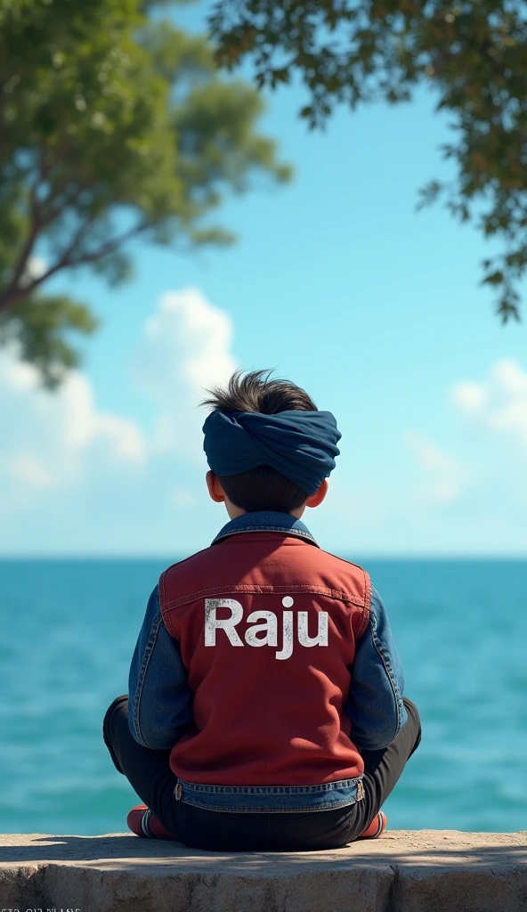A Punjabi boy , wear a punjabi turban, denim red jacket cargo black pant Realistic, blue sky facing at a sea, sitting alone,trees in the back , ultra realistic face,water see a bold name "RAJU"bold name write on jacket is " RAJU" Instagram Facebook cube ballon on Instagram I'd . Background my Instagram page on my write detail is --- my name is raju, I love sardari, born in 28 february 2006