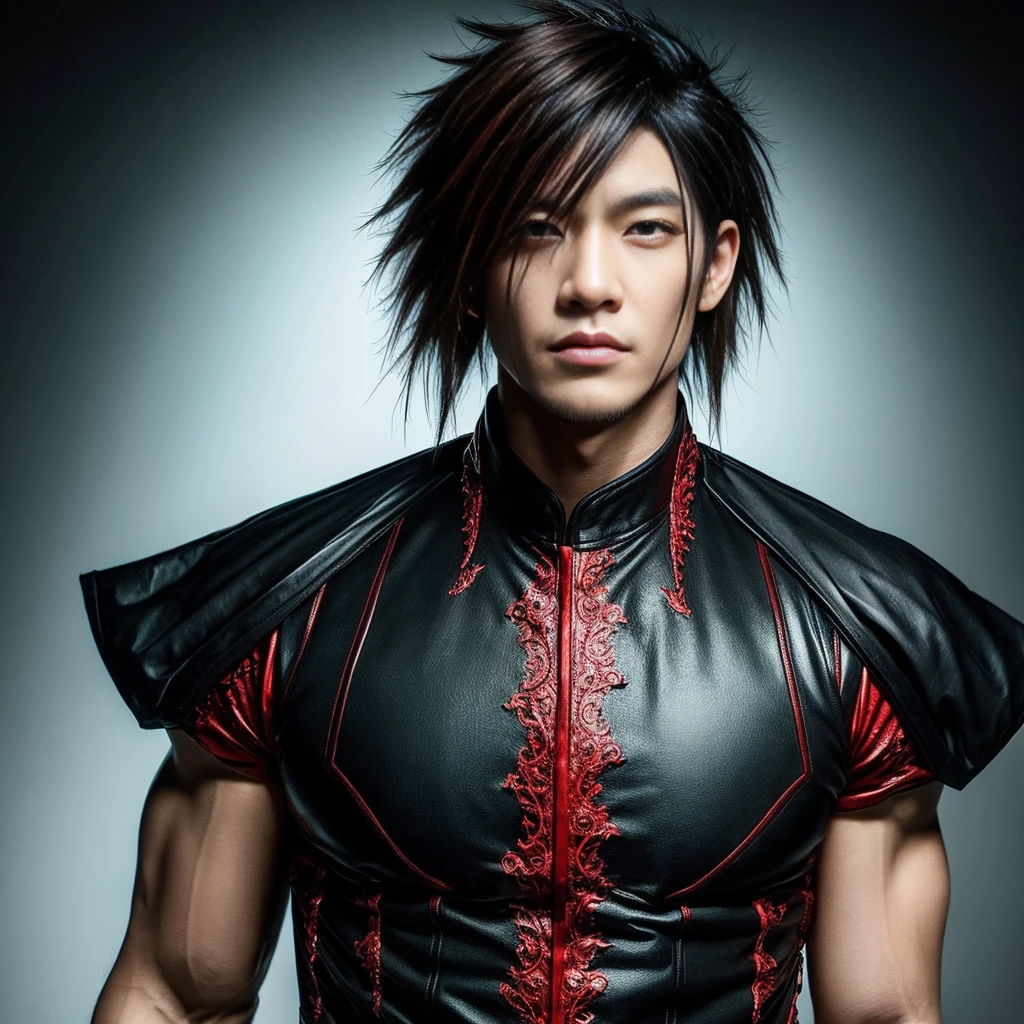 1 man, Japanese man, male, Asian eyes, muscular, broad shoulders, dragon,hairstyle Visual Kei style, hair Visual Kei, black men's shirt and black pants, ultra detailed face, hyperrealistic, realistic representation, 30 years old!,age 30 years! Blonde hair, long hair.