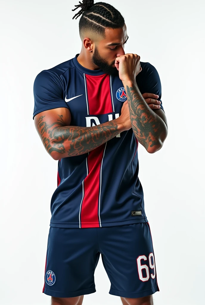 Kiss the football shirt Young 2 sexy white with black hair shaved on the sides with braids brown eyes thick lips athletic body masculine energy and sexy defined chin trimmed beard colored tattoo marked biceps wears the navy blue PSG uniform with a central red and white stripe, Navy blue shorts with the number 69 and white cleats. The background is white and he is standing proudly kissing the team's jersey. 8k
