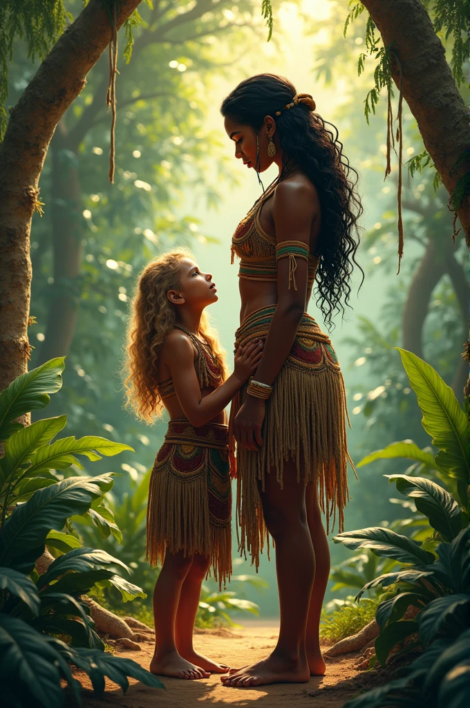 tribal;black hair mother and her gold hair daughter;feet;tribal clothes;jungle;white skin;Africa and America