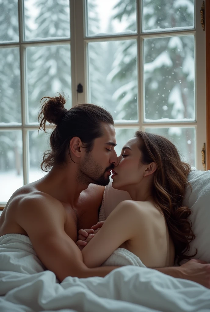 Create dynamically posed images, a couple sleeping in bed, a handsome man, Can Yaman, 20 year, long brown hair with bun, strong square chin, defined chin, thin thin mustache , strong muscular physique, Unclothed com o dick duro. He is sucking on a young woman's breast with his mouth., Kennedy Walsh, Caucasian skin, freckles, greyish blue eyes, very long brown silky hair with curtain style bangs, Unclothed. They are lying in a large white bed sleeping with window panes showing a pine forest falling snow