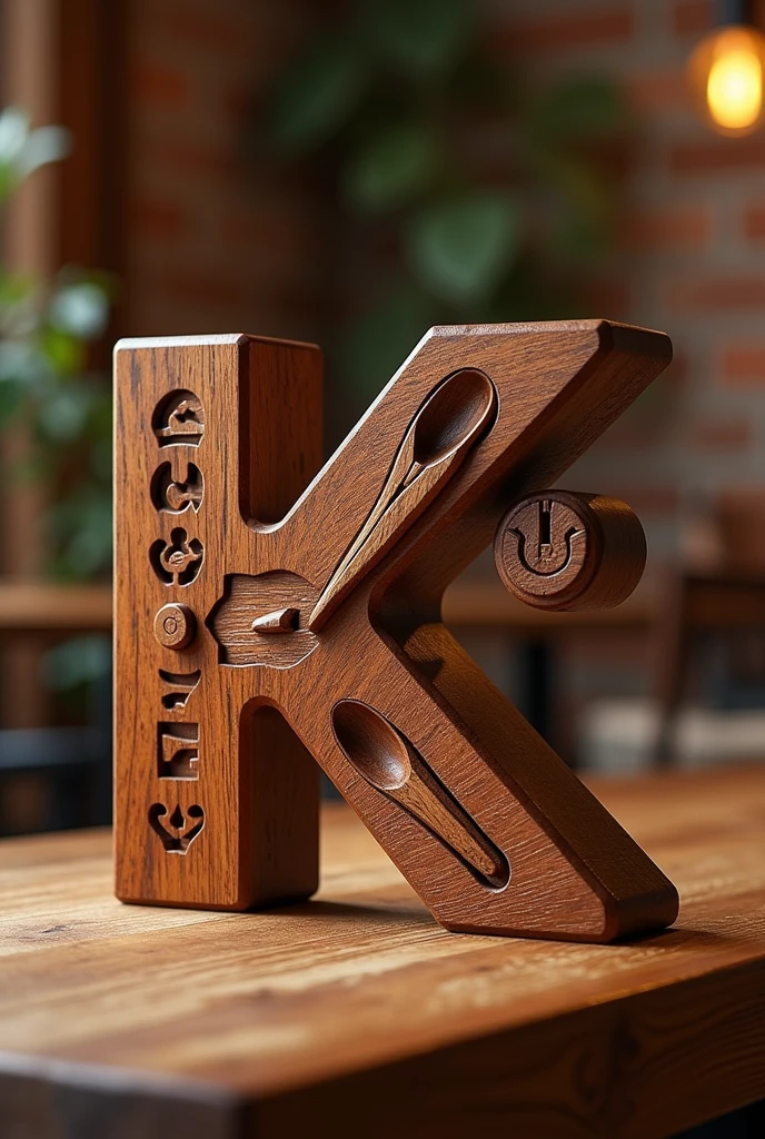 Innovative logo or logotype carved in wood for a restaurant named Karnety that in its letters or on the outside has things related to a restaurant