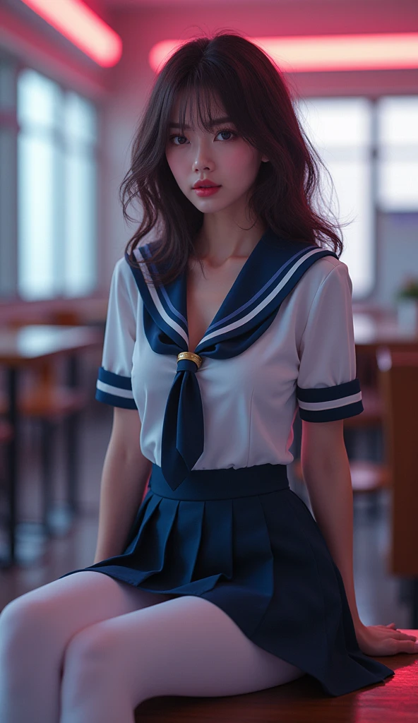 ultra realistic 8k cg, picture-perfect face, flawless, clean, masterpiece, professional artwork, famous artwork, perfect face, beautiful face, beautiful eyes, ((perfect female body)), solo,(immersive atmosphere, chiaroscuro:1.5,bright light:1.2,luminous lighting) ,,(blush:0.5),seductive expression,extremely detailed_eyes,thick thighs,large breasts, beautifully detailed background,depth of field,realistic:1.3, long shot,1girl,shirt,pleated skirt, school uniform, sitting, full body, (ambient light:1.3),(cinematic composition:1.3),(neon lights:0.1),(HDR:0.1),Accent Lighting, white pantyhose,
