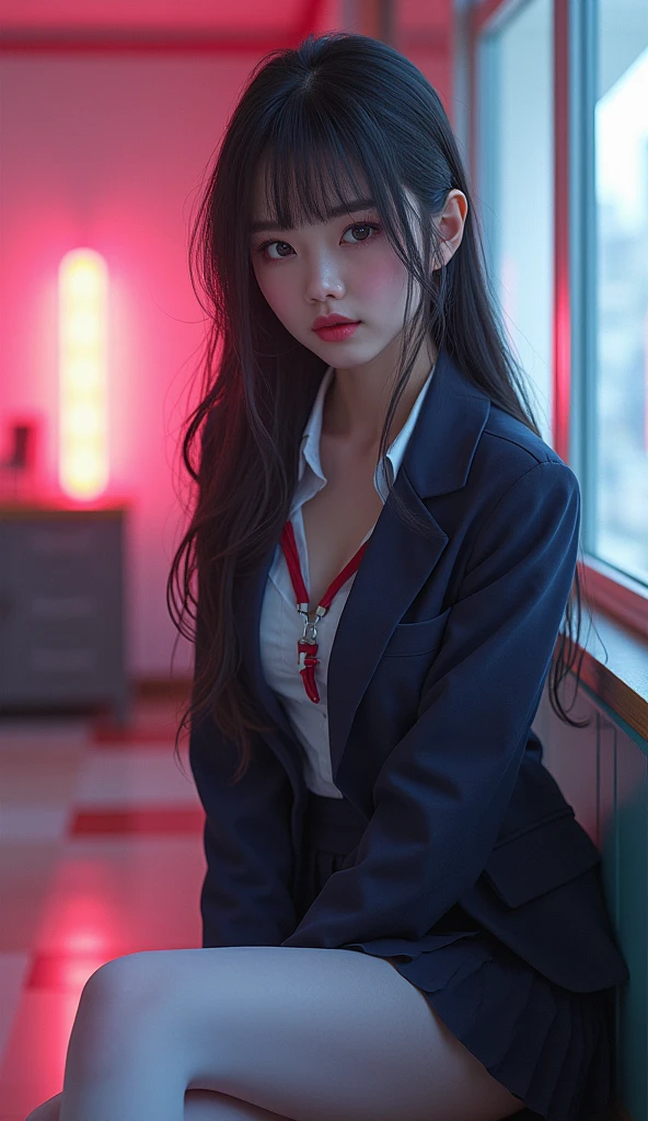 ultra realistic 8k cg, picture-perfect face, flawless, clean, masterpiece, professional artwork, famous artwork, perfect face, beautiful face, beautiful eyes, ((perfect female body)), solo,(immersive atmosphere, chiaroscuro:1.5,bright light:1.2,luminous lighting) ,,(blush:0.5),seductive expression,extremely detailed_eyes,thick thighs,large breasts, beautifully detailed background,depth of field,realistic:1.3, long shot,1girl,shirt,pleated skirt, school uniform, sitting, full body, (ambient light:1.3),(cinematic composition:1.3),(neon lights:0.1),(HDR:0.1),Accent Lighting, white pantyhose,