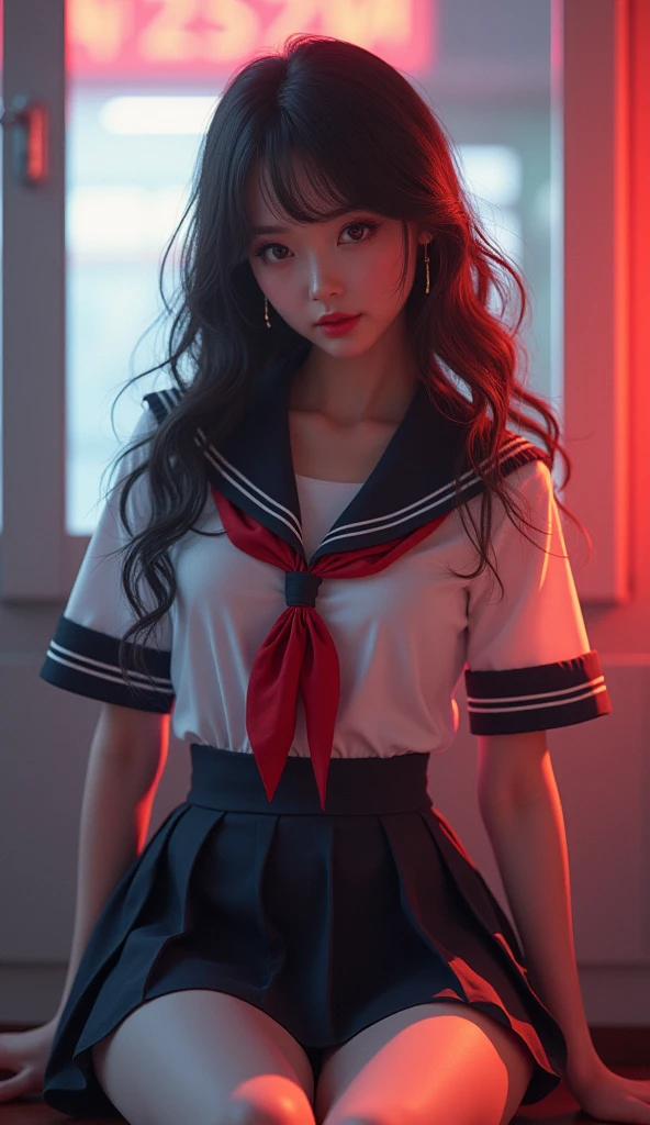 ultra realistic 8k cg, picture-perfect face, flawless, clean, masterpiece, professional artwork, famous artwork, perfect face, beautiful face, beautiful eyes, ((perfect female body)), solo,(immersive atmosphere, chiaroscuro:1.5,bright light:1.2,luminous lighting) ,,(blush:0.5),seductive expression,extremely detailed_eyes,thick thighs,large breasts, beautifully detailed background,depth of field,realistic:1.3, long shot,1girl,shirt,pleated skirt, school uniform, sitting, full body, (ambient light:1.3),(cinematic composition:1.3),(neon lights:0.1),(HDR:0.1),Accent Lighting, white pantyhose,