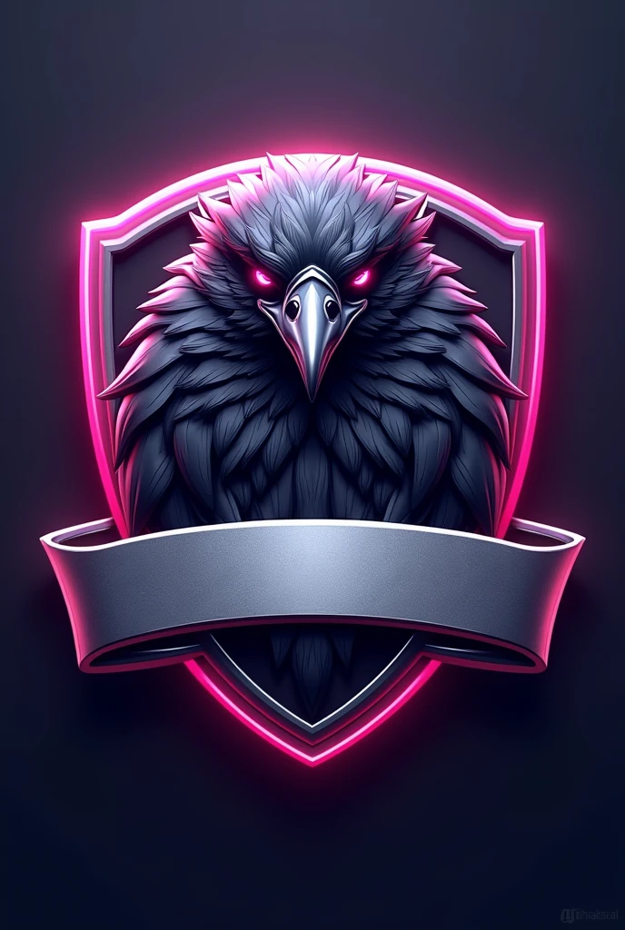generate a sports mascot shield with a crow, and a banner written "Eng. by Software 2024.1" Wrapping the shield. In shiny silver colors, purple and some pink traces