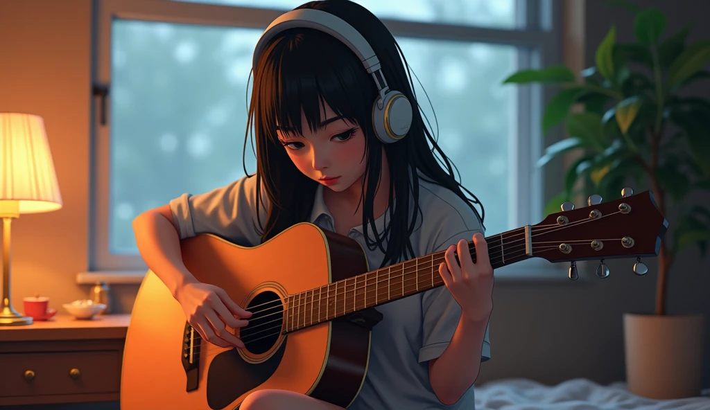 Perfect image, 8k, night、Private room、Female college student, Using headphones、Practicing guitar、 2D-style animation, Lo-Fi, Emotional、Retro、Anime style illustrations、Anime Style
