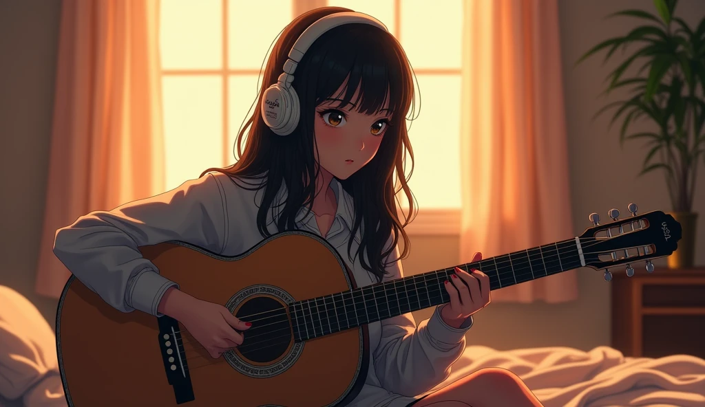 Perfect image, 8k, night、Private room、Female college student, Using headphones、Practicing guitar、 2D-style animation, Lo-Fi, Emotional、Retro、Anime style illustrations、Anime Style