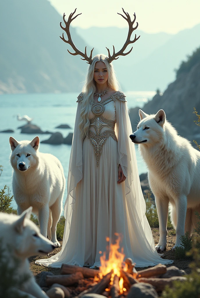  white dragon, shaman deer antlers clothing beautiful Queen. shaman's drum ,white wolfs, white big bear ,sea a swan. small fire Queen, shaman's drum , wolfs, bear , A sea a swan, small fire. 